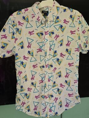 Mens- Coastal Print Short-Sleeve Shirt - White with Teal & Pink